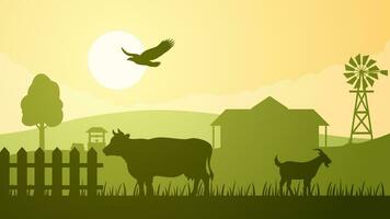 Farmland silhouette landscape vector illustration. Scenery of livestock cow and goat in the countryside farm. Rural landscape for illustration, background or wallpaper