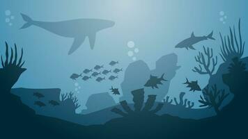 Seascape vector illustration. Scenery of shipwreck at bottom of the sea with coral reef and fish. Underwater wildlife for illustration, background or wallpaper