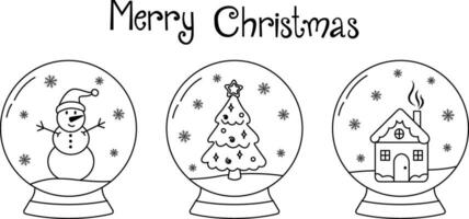 Set of glass snow globes isolated on white background. Christmas toys decorated with various winter designs inside. Vector hand-drawn illustration in doodle style. Perfect for holiday designs, cards.