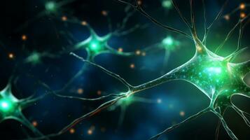 AI generated A neuron cell network in shades of blue and green against a black background photo