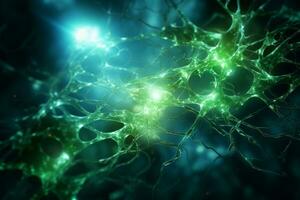 AI generated Bright green illumination of brain neurons photo