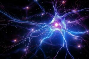 AI generated The vivid beauty of a neuron adorned with bright purple blooms and a sparse network of dendrites photo