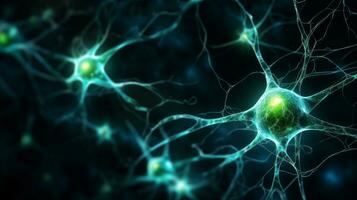 AI generated The beauty of a blue green neuron cell network contrasted against a sleek black background photo