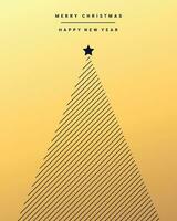 Christmas and New Year greeting card with Christmas tree geometric shaped. Minimal design in dark blue and gold gradient colors. Vector illustration