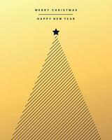 Christmas and New Year greeting card with Christmas tree geometric shaped. Minimal design in dark blue and gold gradient colors. Vector illustration