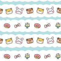 Seamless pattern of cute animals face with tiny icon background.Donut,bow,cake,cloud hand drawn.Shiba inu dog.Rabbit.Teddy bear.Kawaii.Vector.Illustration.Illustrator. vector