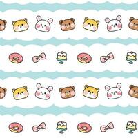 Seamless pattern of cute animals face with tiny icon background.Donut,bow,cake,cloud hand drawn.Shiba inu dog.Rabbit.Teddy bear.Kawaii.Vector.Illustration.Illustrator. vector