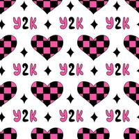 Seamless Pattern with Hearts in chessboard, text and stars in emo style. Y2k. Black and pink. Vector flat illustration.