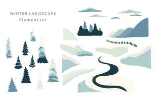 winter landscape object with mountain,tree.Editable vector illustration for postcard