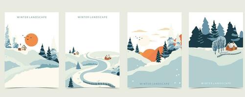 winter landscape background with mountain,tree.Editable vector illustration for postcard,a4 vertical size