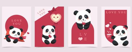 cute panda background set with heart for valentine's day.illustration vector for postcard