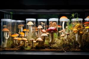 AI generated Mushrooms in a glass jar on a shelf in a store, a variety of mushroom species growing on different substrates in a lab, AI Generated photo