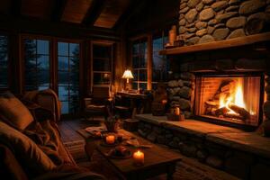 AI generated Interior of cozy living room with fireplace and armchair at night, A cozy, lit fireplace in a cabin,  AI Generated photo