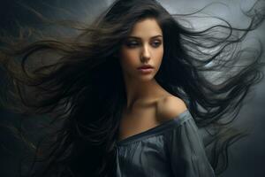AI generated Portrait of a beautiful brunette woman with long flying hair, A beautiful tender girl in a silk top with beautiful long dark hair developing in the wind, AI Generated photo