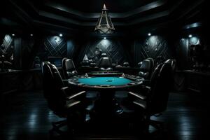 AI generated 3d rendering of a casino table with black chairs and tablecloth, A dark modern secret poker game room, AI Generated photo