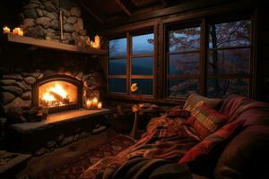 ai generado interior de un país casa en el montañas a noche. ver desde el ventana, un acogedor, iluminado hogar en un cabina, ai generado foto