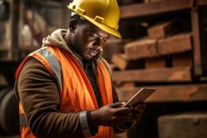 ai generado retrato de afroamericano trabajador utilizando tableta en depósito. esta es un carga transporte y distribución depósito. industrial y industrial trabajadores concepto, un joven foto