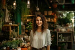 AI generated Portrait of a young female florist standing in a flower shop, A young woman, the owner of a small, eco-friendly store, AI Generated photo