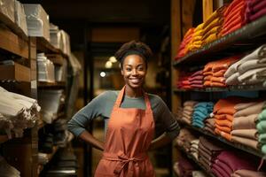 ai generado retrato de un sonriente hembra personal en delantal a el ropa almacenar, un mujer Tienda trabajador sonrisas, ai generado foto