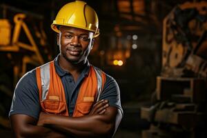 ai generado retrato de confidente afroamericano masculino trabajador con brazos cruzado en fábrica, un joven negro africano minería construcción trabajador con un digital tableta, ai generado foto