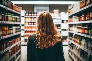 ai generado posterior ver de un joven mujer compras en un tienda de comestibles almacenar, un mujer comparando productos en un tienda de comestibles almacenar, ai generado foto