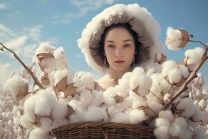 ai generado hermosa joven mujer en un mimbre cesta con algodón flores en el campo, un mujer es visto participación un cesta lleno con mullido algodón, ai generado foto