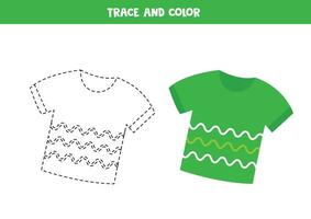 Trace and color cartoon green t shirt. Worksheet for children. vector