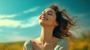 AI generated Calm Happy Smiling Woman with Closed Eyes on the Fields. Free, Peace, Beautiful Moment Concept photo