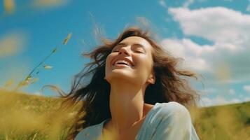 AI generated Calm Happy Smiling Woman with Closed Eyes on the Fields. Free, Peace, Beautiful Moment Concept photo