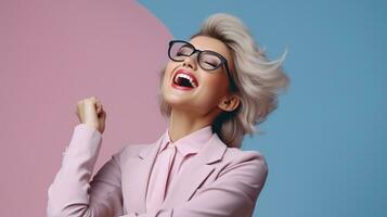 AI generated Successful Cheering Businesswoman is Satisfied with the Results. Achievement Win Concept photo