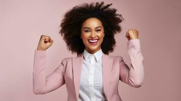 AI generated Successful Cheering Black Businesswoman is Satisfied with the Results. Achievement Win Concept photo