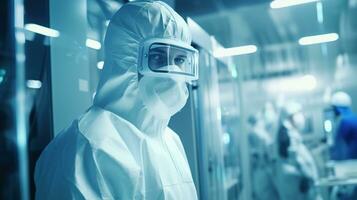 AI generated Worker in Protective Suit Working at Biotechnology Production Facility. FMCG, Clean Production Room photo