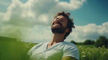 AI generated Calm Happy Smiling Man with Closed Eyes on the Fields. Free, Peace, Beautiful Moment Concept photo