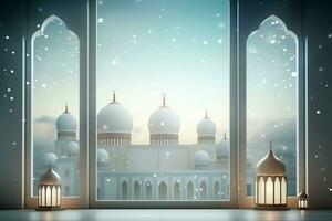 Eid mubarak and ramadan kareem greetings with islamic lantern and mosque. Eid al fitr background. Eid al fitr background of window concept by AI Generated photo