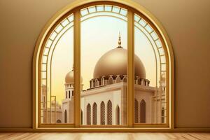 Eid mubarak and ramadan kareem greetings with islamic lantern and mosque. Eid al fitr background. Eid al fitr background of window concept by AI Generated photo