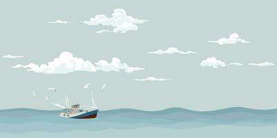 Seascape with fishing boat followed by seagulls at skyline vector illustration. Ocean with ship, sky and clouds background.