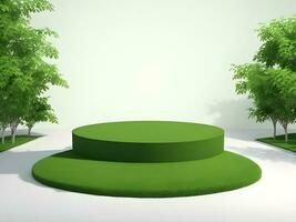 AI generated Empty round stone podium for product display on green foliage background ai generate photo