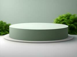 AI generated Empty round stone podium for product display on green foliage background ai generate photo