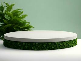 AI generated Empty round stone podium for product display on green foliage background ai generate photo