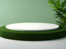 AI generated Empty round stone podium for product display on green foliage background ai generate photo