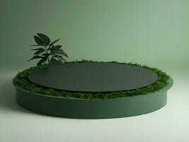 AI generated Empty round stone podium for product display on green foliage background ai generate photo