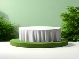 AI generated Empty round stone podium for product display on green foliage background ai generate photo