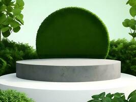 AI generated Empty round stone podium for product display on green foliage background ai generate photo