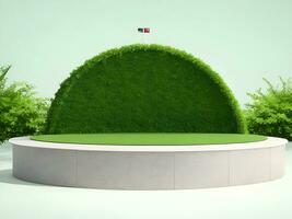 AI generated Empty round stone podium for product display on green foliage background ai generate photo