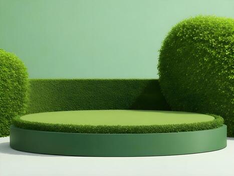 AI generated Empty round stone podium for product display on green foliage background ai generate photo