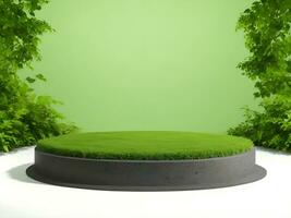 AI generated Empty round stone podium for product display on green foliage background ai generate photo