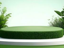 AI generated Empty round stone podium for product display on green foliage background ai generate photo