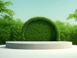 AI generated Empty round stone podium for product display on green foliage background ai generate photo