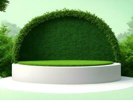 AI generated Empty round stone podium for product display on green foliage background ai generate photo