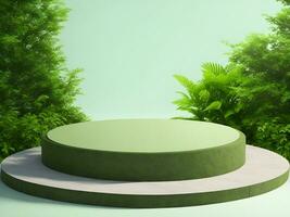 AI generated Empty round stone podium for product display on green foliage background ai generate photo